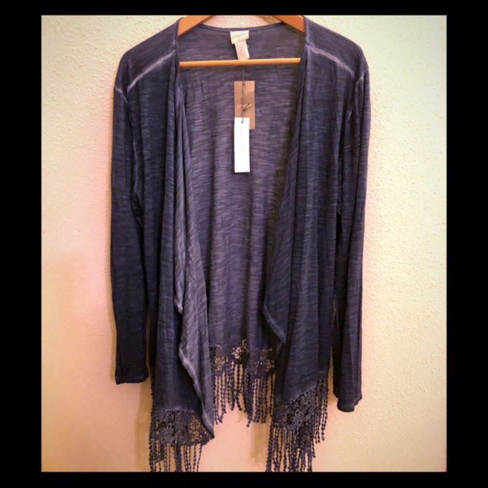 Chico’s Indigo Fringe Knit Cardigan- NWT 2/Large